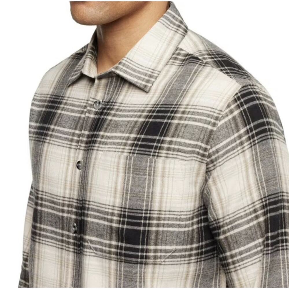 Eddie Bauer Flannel Shirt Mens XL Cream Black Plaid Western Chic Long Sleeve NEW
